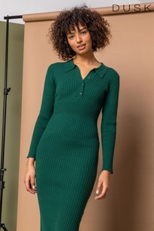 Dusk Green Ribbed Knit Collar Midi Dress (P81786) | £38