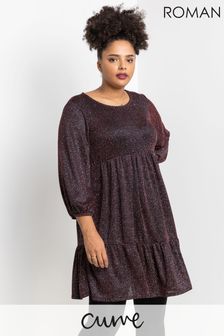 Roman Curve Shimmer Tiered Shift Dress