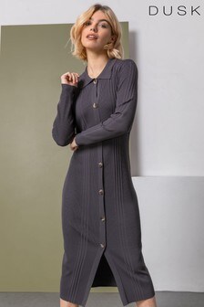 Dusk Grey Polo Collar Knitted Midi Dress (P82079) | £45