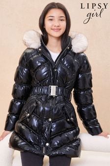 Lipsy Black High Shine Shower Resistant Long Line Belted Padded Coat (P84529) | £59 - £65
