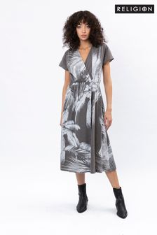 Religion A-line Cotton Midi Dress With Cinched Waist In Print