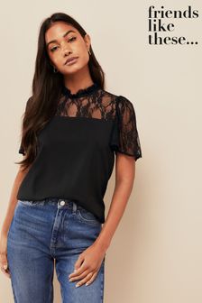 Friends Like These Black Lace Yoke Flutter Sleeve Blouse (P85471) | £29