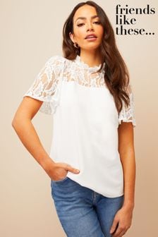 LOFT Petite Lace Stripe Shirred Scoop Neck Top in White Womens Clothing Tops Short-sleeve tops 