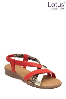 Lotus Footwear Red Leopard-Print Leather Open-Toe Wedge Sandals (P85529) | £45
