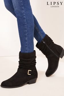 Lipsy Black Regular Fit Flat Ruched Buckle Boot (P86592) | £49