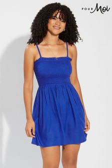 Pour Moi Cobalt Blue Removable Straps Shirred Bodice Short Dress (P89116) | £30
