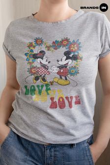 Brands In Disney Mickey and Minnie Floral Hippie Love Womens Grey T-Shirt