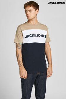 JACK & JONES Stone & White & Navy Colourblock Logo T-Shirt (P90615) | £12
