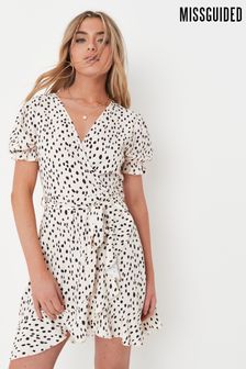 Missguided White Short Sleeve Printed Frill Wrap Tea Dress (P94174) | £25