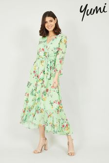 Yumi Sage Floral Butterfly Wrap High Low Dress