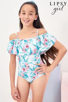 Lipsy Green Tropical Frill Swimsuit with Scrunchie (P94653) | £16 - £22