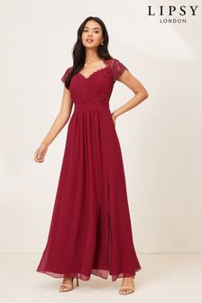 Lipsy Berry Red Regular Bridesmaid Lace Sleeve Maxi Dress (P95403) | £98