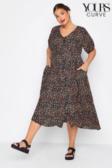 Yours Curve Ruched Sleeve Ditsy Tea Dress
