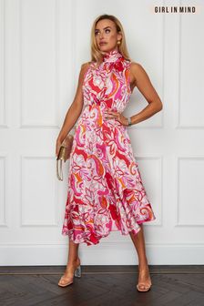 Girl In Mind Pink Regular Halter Neck Assymetric Hem Midi Dress (P96381) | £42
