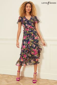 Love & Roses Navy Floral Floral Cape Frill Bridesmaid Maxi Dress (P97377) | £68