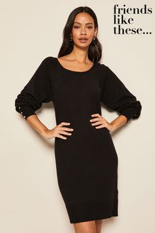Friends Like These Black Button Cuff Knitted Scoop Neck Jumper Dress (P98812) | £36