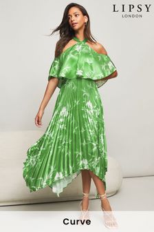 Lipsy Green Regular Petite Pleated Printed Cold Shoulder Hanky Hem Midi Dress (P98918) | £79