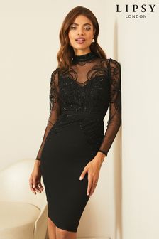 Lipsy Black Sequin Long Sleeve Lace Midi Dress (P99484) | £90