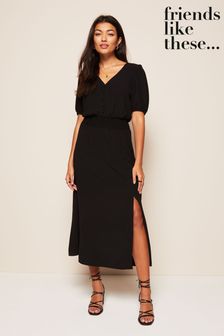 T-Shirts & Tops Black Puff Sleeve Ruched Waist V Neck Midi Dress (P99811) | £35