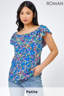 Roman Denim Petite Ditsy Floral Spot Print Neck Tie Top in Blue Womens Clothing Tops Short-sleeve tops 