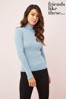 Friends Like These Button Cuff Roll Neck Jumper