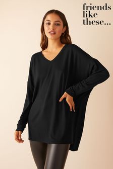 T-Shirts, Polos & Vests Black Soft Jersey V-Neck Long Sleeve Tunic Top (Q01163) | £22