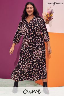 Love & Roses Black and Nude Curve Jersey 3/4 Sleeve Pleated Midi Shirt Dress (Q02323) | £49