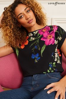 Blouses & Shirts Black Floral Roll Sleeve Round Neck T-Shirt (Q02563) | £25