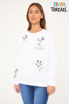 Brand Threads Ladies Official Disney Mickey Mouse Organic Cotton White Sweatshirt Sizes XS-XL