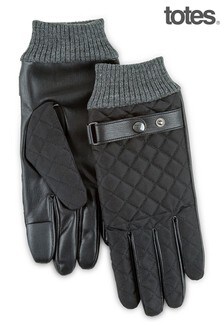 Totes Isotoner Mens Smartouch Quilted Gloves with Rib Cuff and Leather Strap