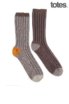 Totes Mens Chunky Twist Wool Boot Socks (Twin Pack)
