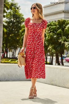 Sosandar Red Ditsy Floral Print Puff Sleeve Jersey Midi Dress (Q04118) | £69