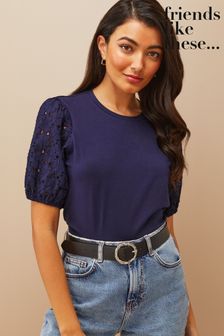 Friends Like These Navy Broderie Puff Sleeve Round Neck Top (Q05412) | £25