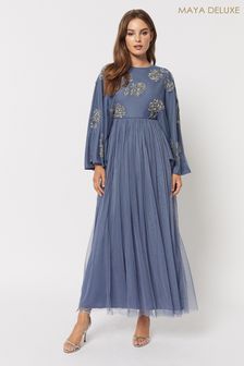 Maya Blue Modest Cape Sleeve Embellished Maxi Dress (Q07282) | £130