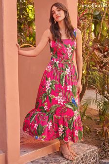 Love & Roses Pink Tropical Cami Midi Dress (Q07423) | £40