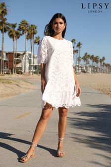 Lipsy Broderie Puff Sleeve Tier Shift Dress