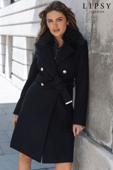 Lipsy Black Regular Military Button Faux Fur Belted Coat (Q12589) | £89