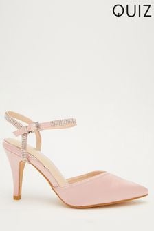 Quiz Pink Satin Sweetheart Diamante Strap Court Heels (Q12986) | £33