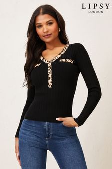 Lipsy Dark Black Long Sleeve knitted V Neck Button Jumper (Q16060) | £36