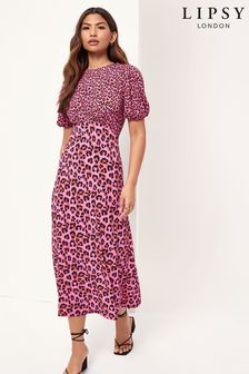 Lipsy Pink Leopard Regular Short Sleeve Underbust Midi Dress (Q16063) | £45