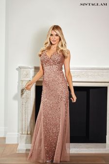 Sistaglam Rose Gold Regular Beaded V-Neck Maxi Dress (Q16364) | £155