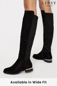 Lipsy Black Regular Fit Flat Long Knee Faux Suedette Boot (Q17112) | £62