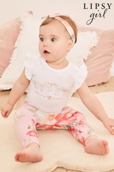 Lipsy Pink 3 Piece Baby Bodysuit, Legging and Headband Set (Q17534) | £20 - £22