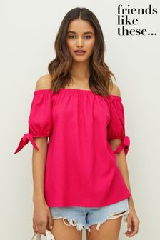 Friends Like These Textured Short Sleeve Bardot Top with Tie detail