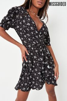 Missguided Black Short Sleeve Printed Frill Wrap Tea Dress (Q18295) | £25