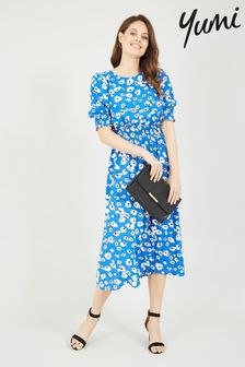 Yumi Floral Puff Sleeve Ruched Waist Midi Dress