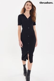 Threadbare Black Ribbed Mock Button Down Dress (Q19602) | £22