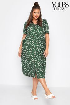 Yours Curve Green Floral Spot Drop Pocket Button Smock Dress (Q20339) | £33