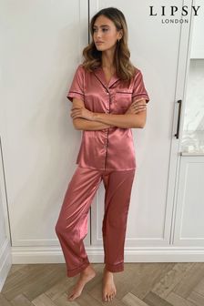 Lipsy Rose Pink Regular Satin Short Sleeve and Trouser Pyjama Set (Q22108) | £35