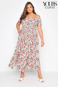 Yours Curve Shirred Floral Bardot Maxi Dress